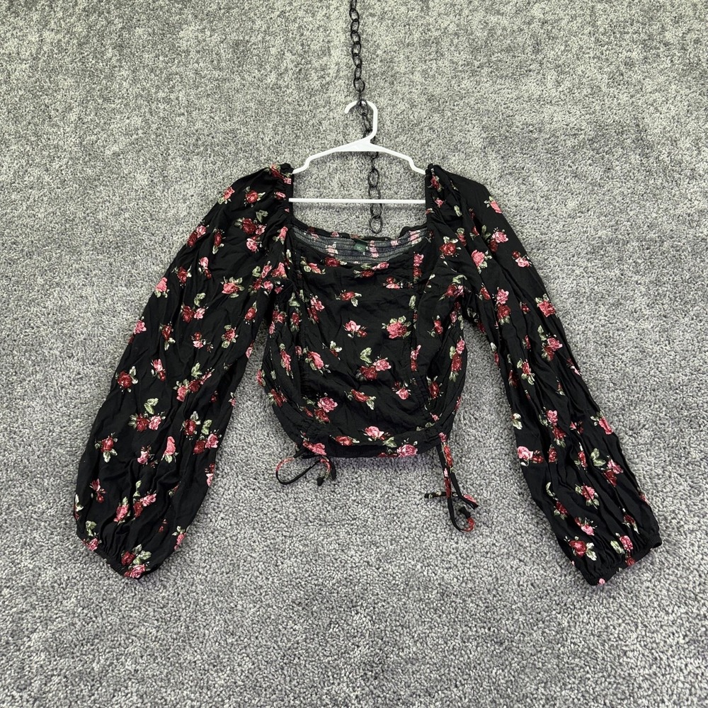 Wild Fable Top Juniors L Black Floral Square Neck Cropped Balloon Sleeve Blouse